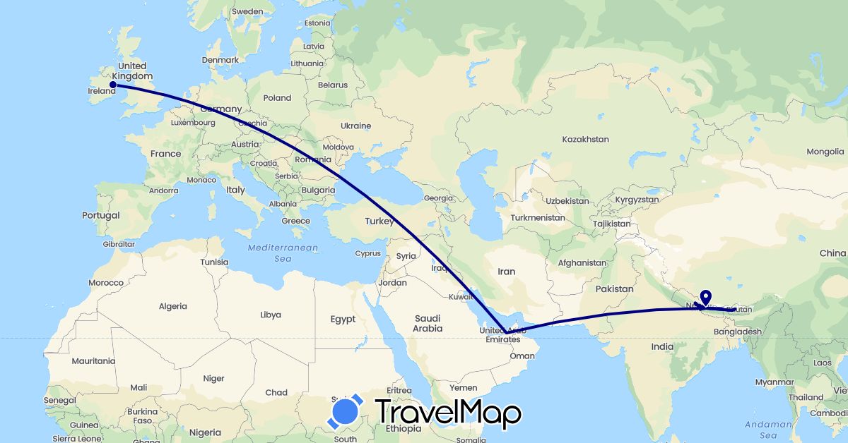 TravelMap itinerary: driving in United Arab Emirates, Bhutan, Ireland, Nepal (Asia, Europe)